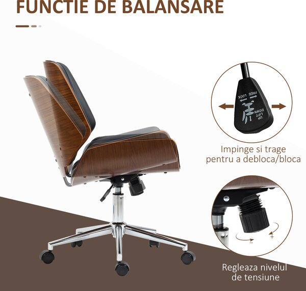 Vinsetto Scaun de birou Vintage, căptușit, din piele ecologică, lemn și oțel, 53x60x86-96 cm, negru și maro închis | Aosom Romania