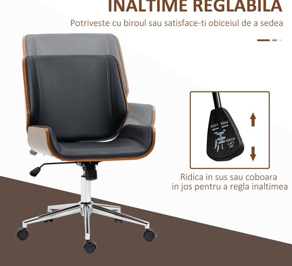 Vinsetto Scaun de birou Vintage, căptușit, din piele ecologică, lemn și oțel, 53x60x86-96 cm, negru și maro închis | Aosom Romania