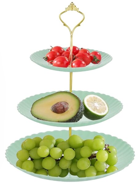 Fructiera etajata Pufo Candy cu 3 niveluri, pentru prajituri, torturi, fructe, aperitive, maner metalic, verde deschis