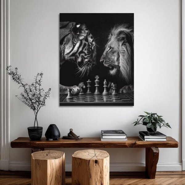 Tablou canvas Leul și tigrul - Strategia de șah - 40x50 cm