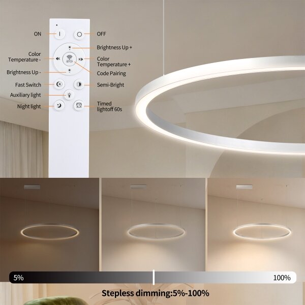 Brilagi-LED reglabil, lustru suspendat pe cablu PORTOFINO LED/60W/230V, diametru 80 cm, argintiu + telecomandă