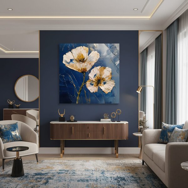 Tablou de perete Flori MIDNIGHT BLOOM | finisată de mâna artistului - 60x60 cm
