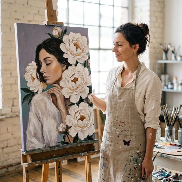 Tablou cu portret de femeie și flori albe pe pânză – cu detalii pictate manual - 40x60 cm