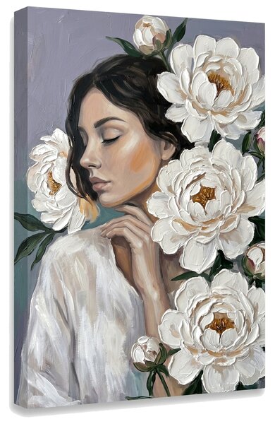 Tablou cu portret de femeie și flori albe pe pânză – cu detalii pictate manual - 40x60 cm