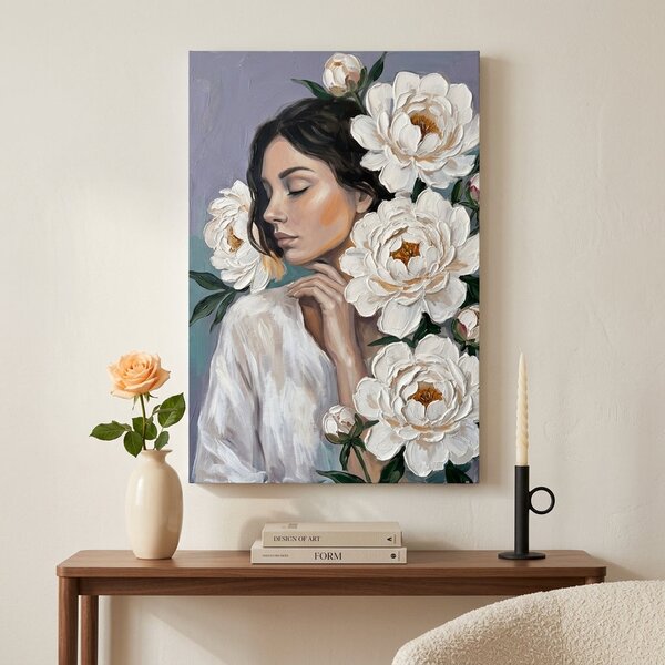 Tablou cu portret de femeie și flori albe pe pânză – cu detalii pictate manual - 40x60 cm