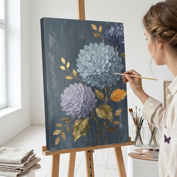 Tablou cu hortensii pe pânză – cu detalii pictate manual - 40x60 cm