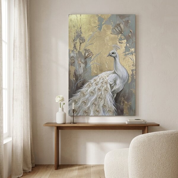 Tablou cu păun alb pe pânză – cu detalii pictate manual - 40x60 cm