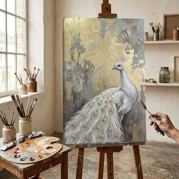 Tablou cu păun alb pe pânză – cu detalii pictate manual - 40x60 cm