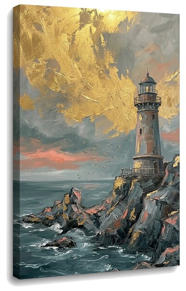 Tablou cu far pe mare agitată – cu detalii pictate manual - 40x60 cm