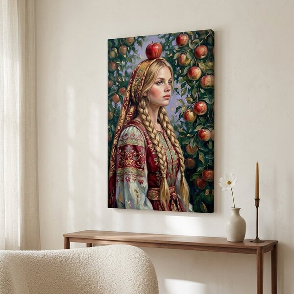 Tablou cu femeie în costum popular cu măr pe pânză – cu detalii pictate manual - 40x60 cm