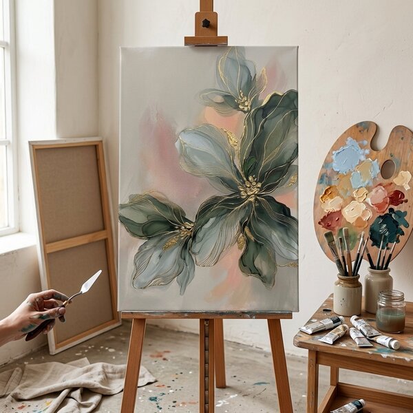 Tablou cu compoziție florală abstractă pe pânză – cu detalii pictate manual - 40x60 cm