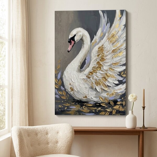Tablou cu lebădă albă pe pânză – cu detalii pictate manual - 40x60 cm