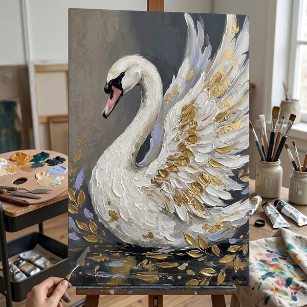 Tablou cu lebădă albă pe pânză – cu detalii pictate manual - 40x60 cm
