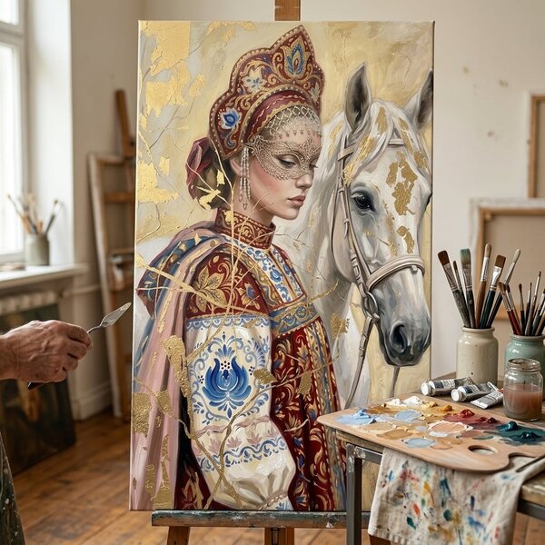 Tablou cu femeie, cal și mască pe pânză – cu detalii pictate manual - 40x60 cm