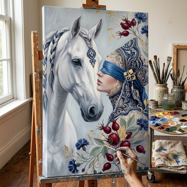 Tablou cu femeie și cal alb pe pânză – cu detalii pictate manual - 40x60 cm
