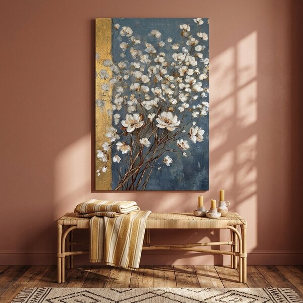 Tablou cu buchet abstract de flori albe pe pânză – cu detalii pictate manual - 40x60 cm