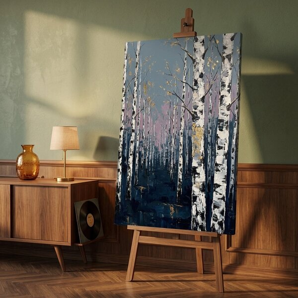 Tablou cu pădure de mesteacăn pe pânză – cu detalii pictate manual - 40x60 cm