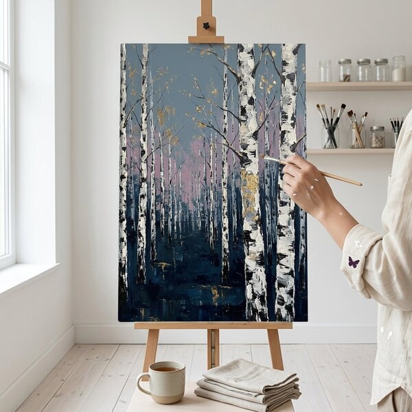 Tablou cu pădure de mesteacăn pe pânză – cu detalii pictate manual - 40x60 cm