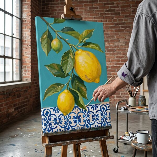 Tablou cu lămâi pe pânză – cu detalii pictate manual - 40x60 cm