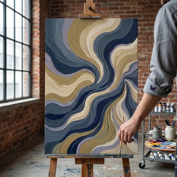 Tablou abstract cu valuri și flux pe pânză – cu detalii pictate manual - 40x60 cm