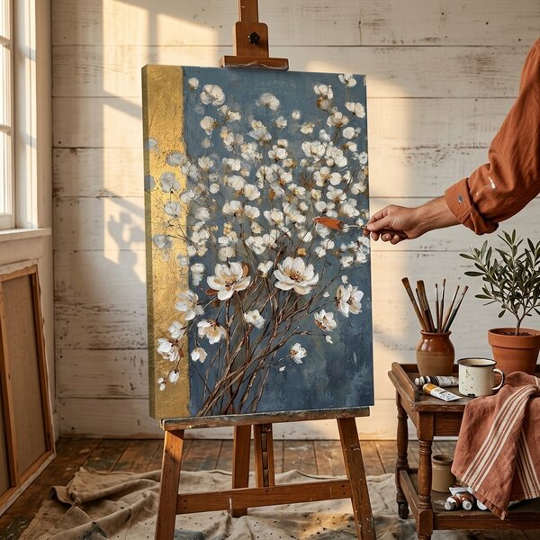 Tablou cu buchet abstract de flori albe pe pânză – cu detalii pictate manual - 40x60 cm