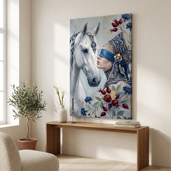 Tablou cu femeie și cal alb pe pânză – cu detalii pictate manual - 40x60 cm