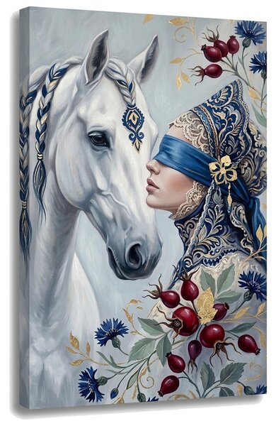 Tablou cu femeie și cal alb pe pânză – cu detalii pictate manual - 40x60 cm