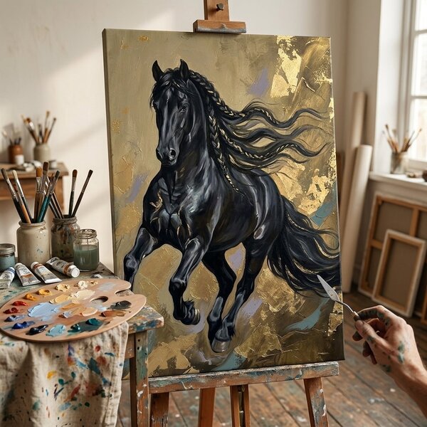 Tablou cu cal negru în galop pe pânză – cu detalii pictate manual - 40x60 cm