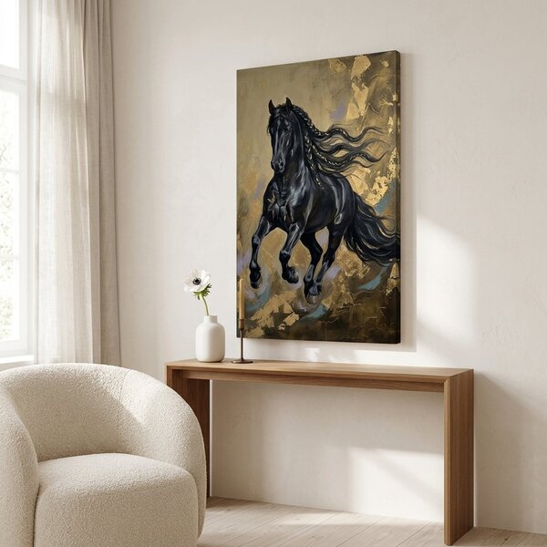 Tablou cu cal negru în galop pe pânză – cu detalii pictate manual - 40x60 cm