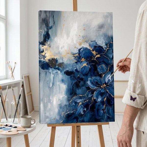 Tablou cu compoziție abstractă și valuri albastre pe pânză – cu detalii pictate manual - 40x60 cm