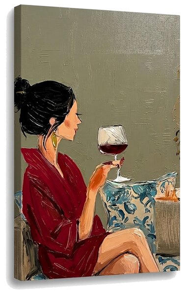 Tablou cu femeie și vin pe pânză – cu detalii pictate manual - 40x60 cm