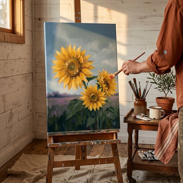 Tablou cu trei floarea-soarelui pe câmp – cu detalii pictate manual - 40x60 cm