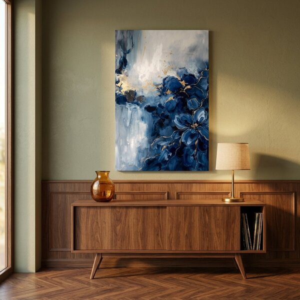 Tablou cu compoziție abstractă și valuri albastre pe pânză – cu detalii pictate manual - 40x60 cm