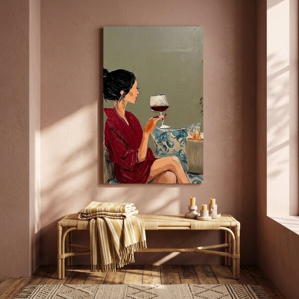 Tablou cu femeie și vin pe pânză – cu detalii pictate manual - 40x60 cm