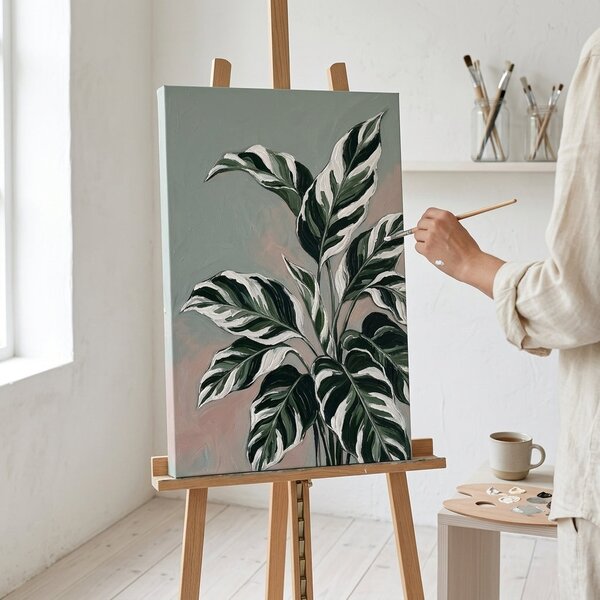 Tablou cu frunze de plantă tropicală pe pânză – cu detalii pictate manual - 40x60 cm