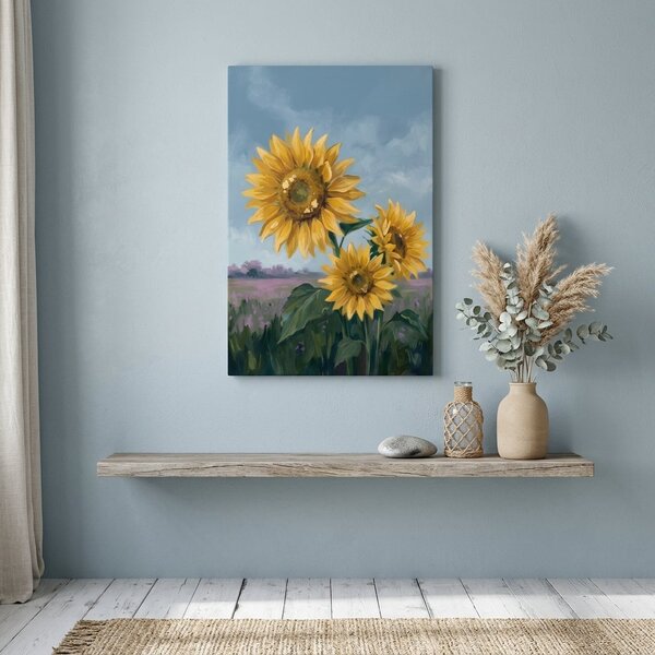 Tablou cu trei floarea-soarelui pe câmp – cu detalii pictate manual - 40x60 cm