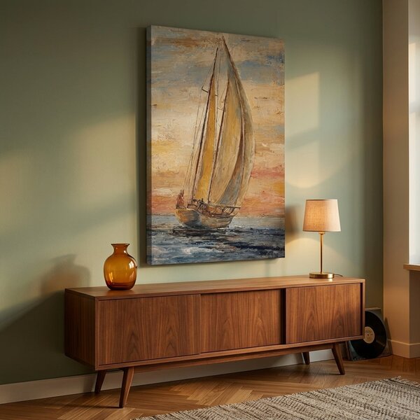 Tablou cu velier pe mare la apus – cu detalii pictate manual - 40x60 cm