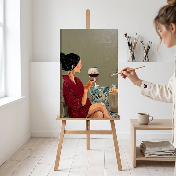 Tablou cu femeie și vin pe pânză – cu detalii pictate manual - 40x60 cm