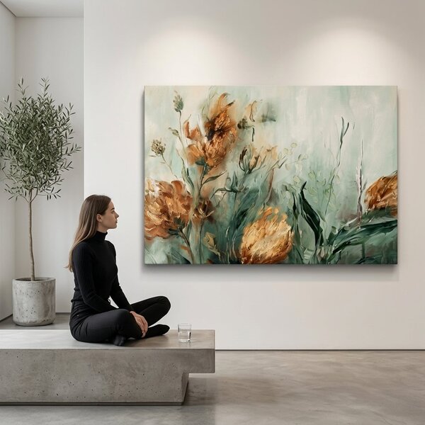Tablou abstract cu compoziție florală pe pânză – cu detalii pictate manual - 40x60 cm