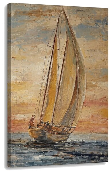 Tablou cu velier pe mare la apus – cu detalii pictate manual - 40x60 cm