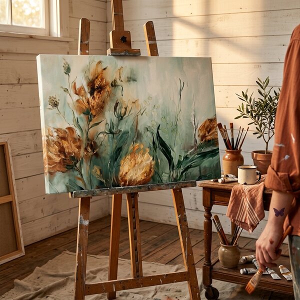 Tablou abstract cu compoziție florală pe pânză – cu detalii pictate manual - 40x60 cm