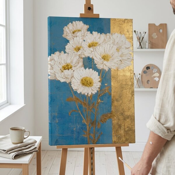 Tablou cu buchet de margarete albe pe pânză – cu detalii pictate manual - 40x60 cm