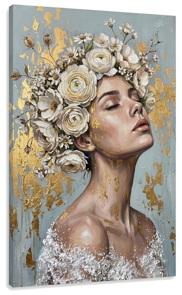 Tablou cu femeie cu coroană florală pe pânză – cu detalii pictate manual - 40x60 cm