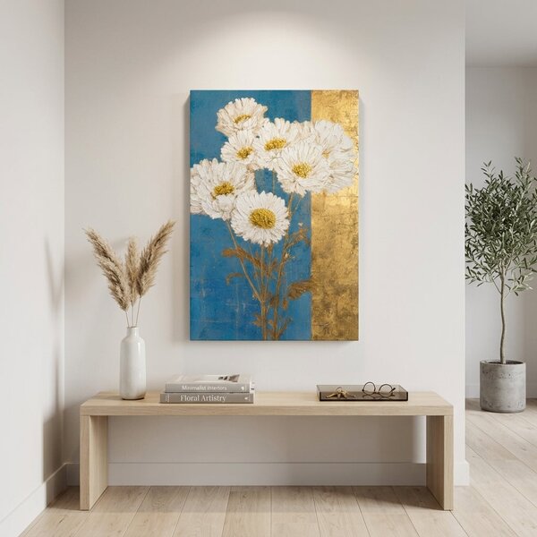 Tablou cu buchet de margarete albe pe pânză – cu detalii pictate manual - 40x60 cm