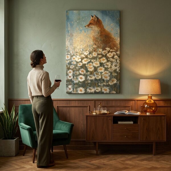 Tablou cu vulpe în câmpul de margarete – cu detalii pictate manual - 40x60 cm