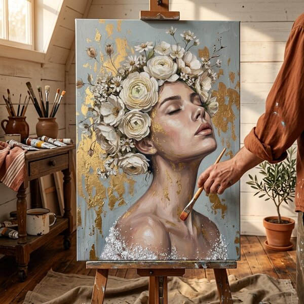 Tablou cu femeie cu coroană florală pe pânză – cu detalii pictate manual - 40x60 cm