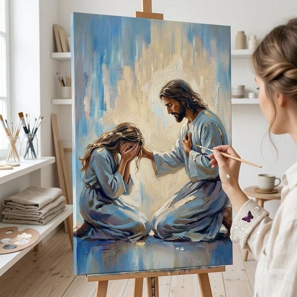 Tablou Isus consolând o femeie pe pânză – cu detalii pictate manual - 40x60 cm