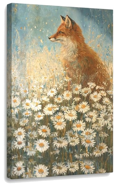 Tablou cu vulpe în câmpul de margarete – cu detalii pictate manual - 40x60 cm