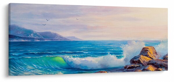 Tablou - Valuri lovind stânci, pictură în ulei (120x50 cm)