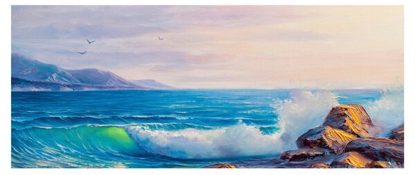 Tablou - Valuri lovind stânci, pictură în ulei (120x50 cm)